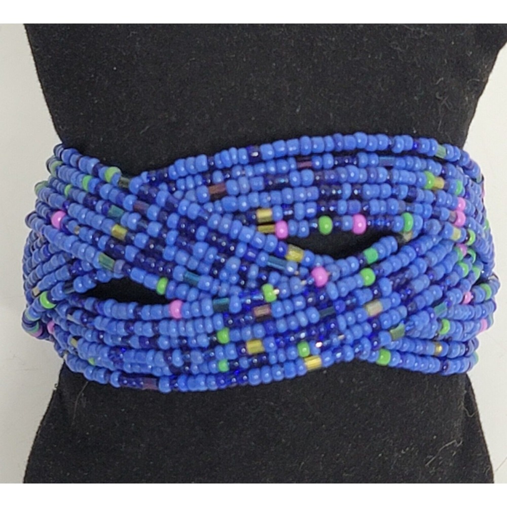 Wide Seed Bead Wrap Bracelet Open Cuff Multicolor Black‎ Cultural Southwestern